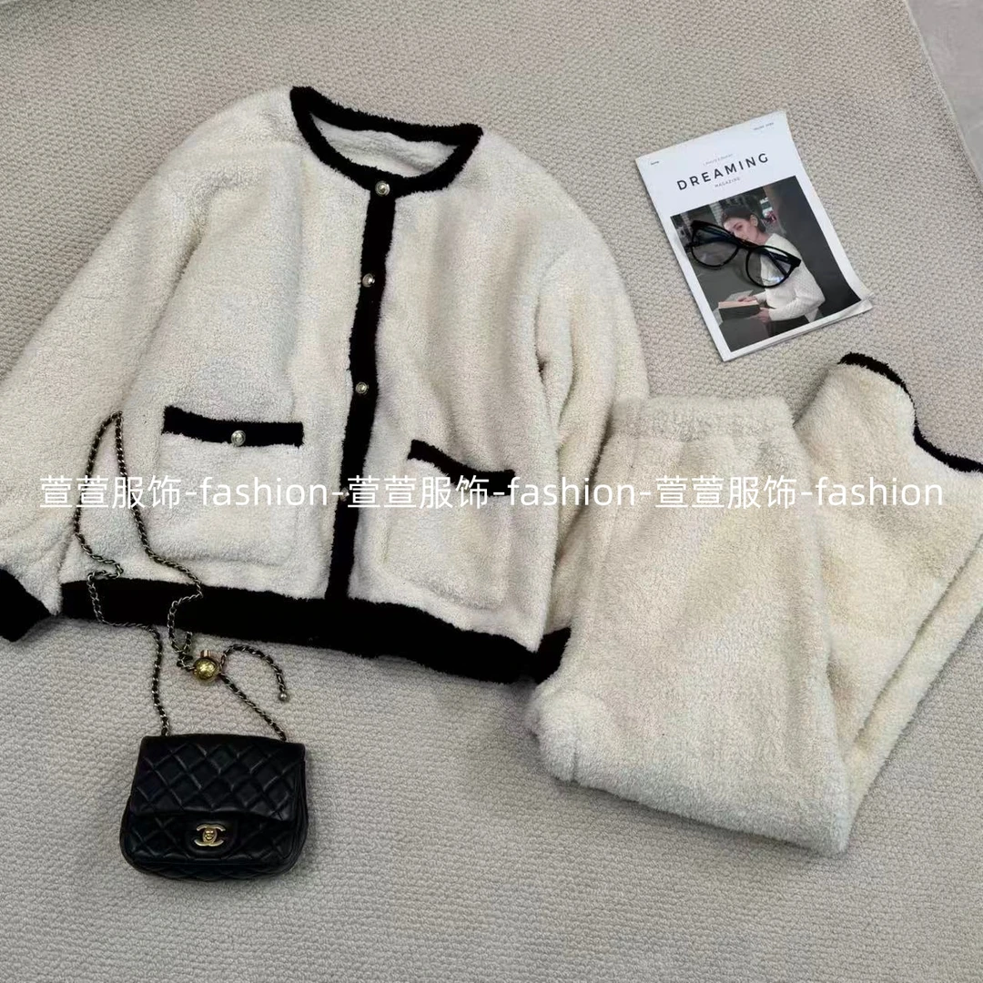 【萱萱服饰】SY98冬季新款保暖加绒拼色小香风家居服双面绒加厚绒冬