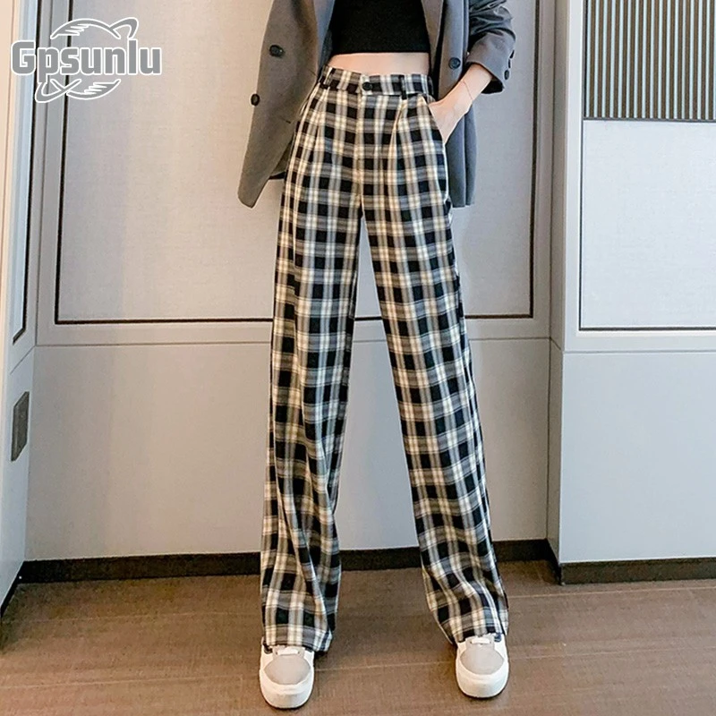 gpsunlu黑白格子裤子女新款夏季薄款窄版夏季女款高腰显瘦微喇裤