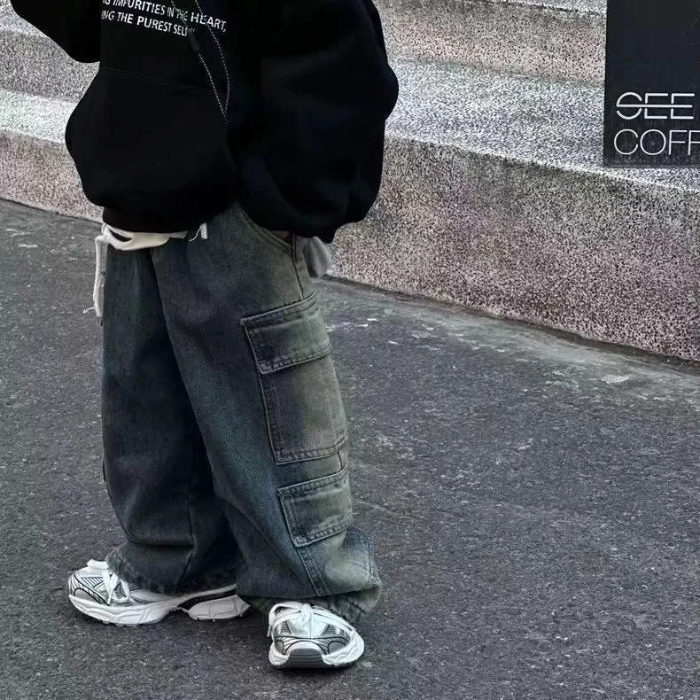 儿童牛仔裤春秋季2025新款男女童复古裤子宝宝春装时髦阔腿直筒裤