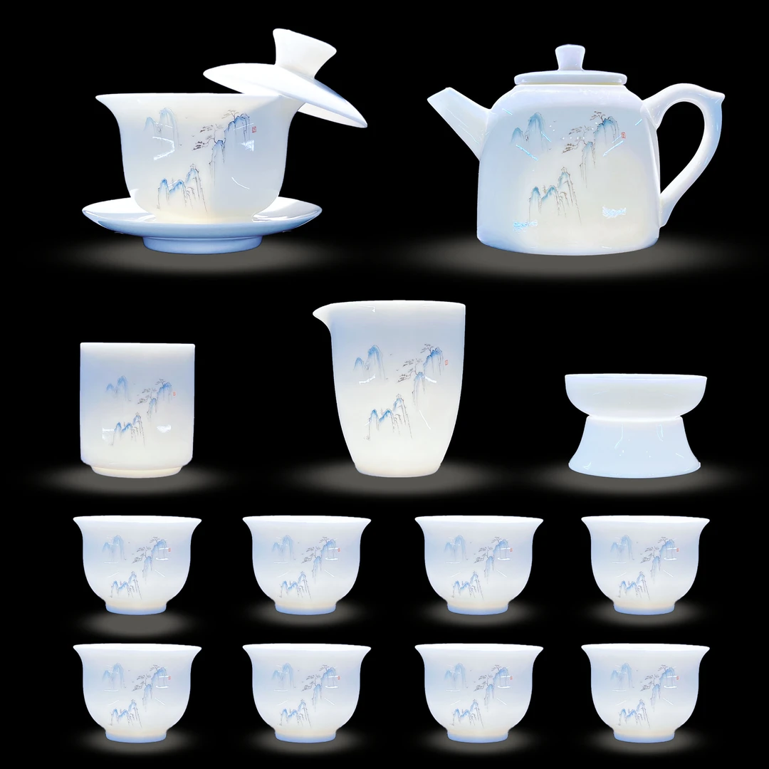 【墨城】高端羊脂玉瓷高山流水陶瓷功夫茶具悬停三才盖碗茶壶整套
