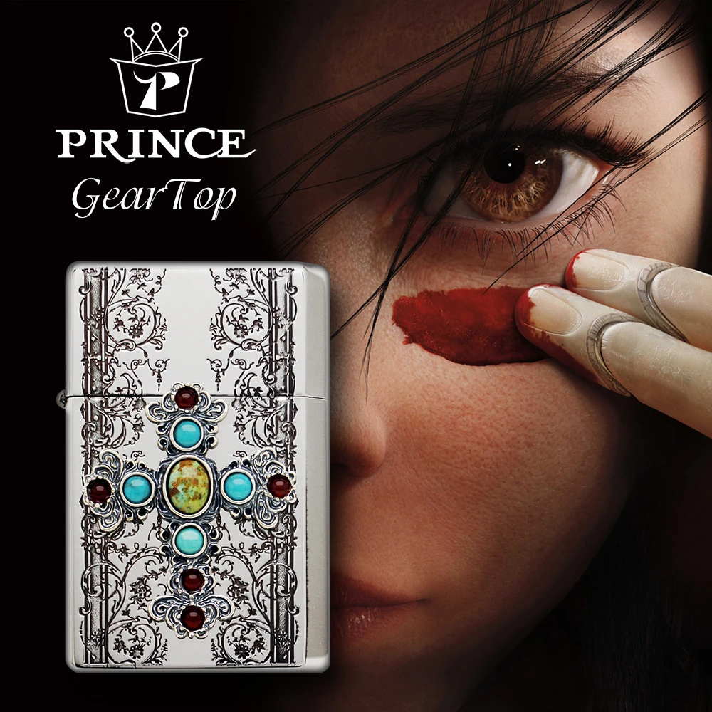 日本进口PRINCE王子极酷煤油打火机镀银绿松石哥特式十字架唐草