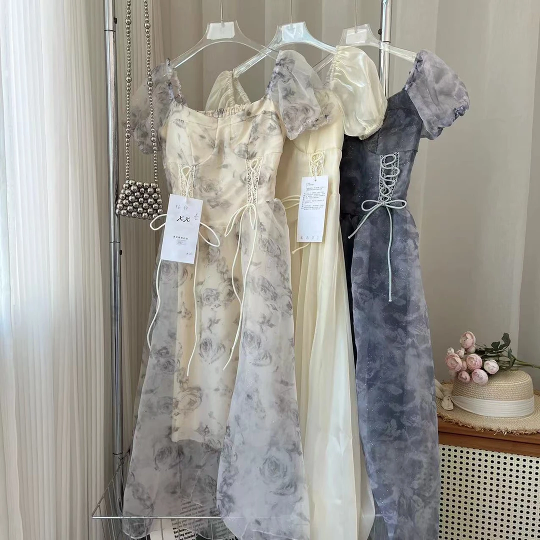 W00727法式复古绑带连衣裙收腰修身蓬蓬连衣裙子仙女裙公主裙方口