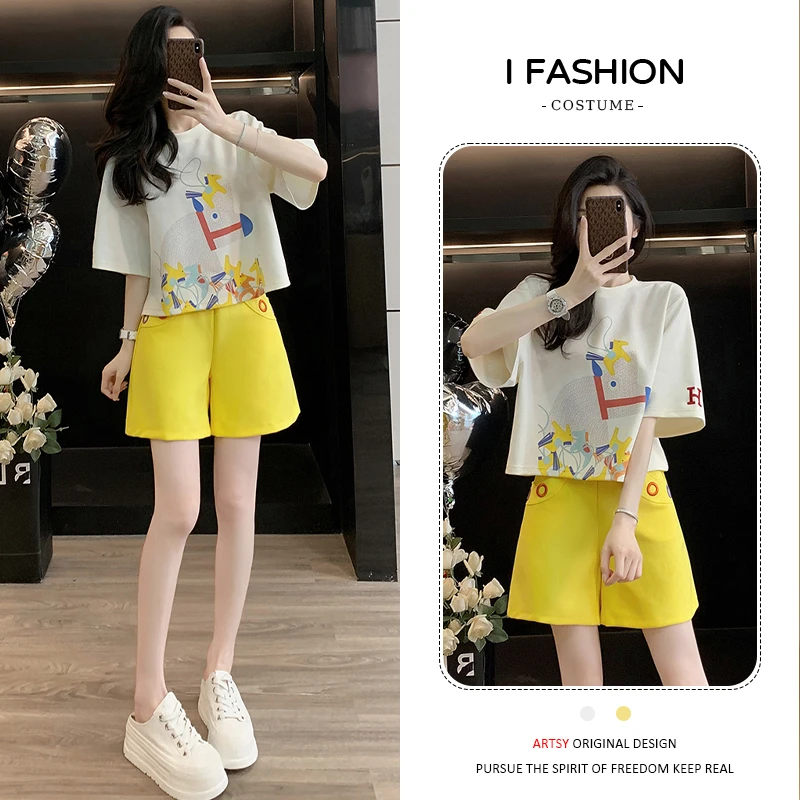 高含棉时尚运动服套装女2025年夏季新款多巴胺穿搭上衣短裤两件套