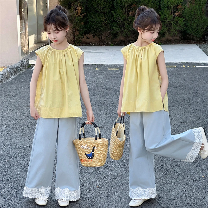 女童夏装娃娃衫套装夏季新款韩系小女孩女宝宝无袖上衣儿童阔腿裤