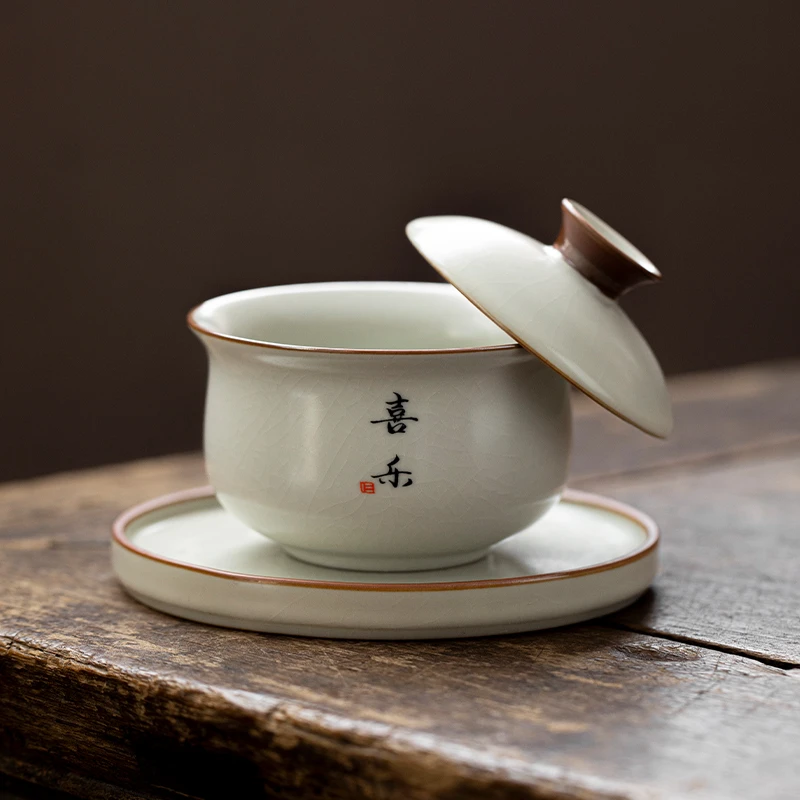 汝窑米黄三才布袋盖碗茶杯可悬停旋转陶瓷单个高档茶杯泡茶具定制