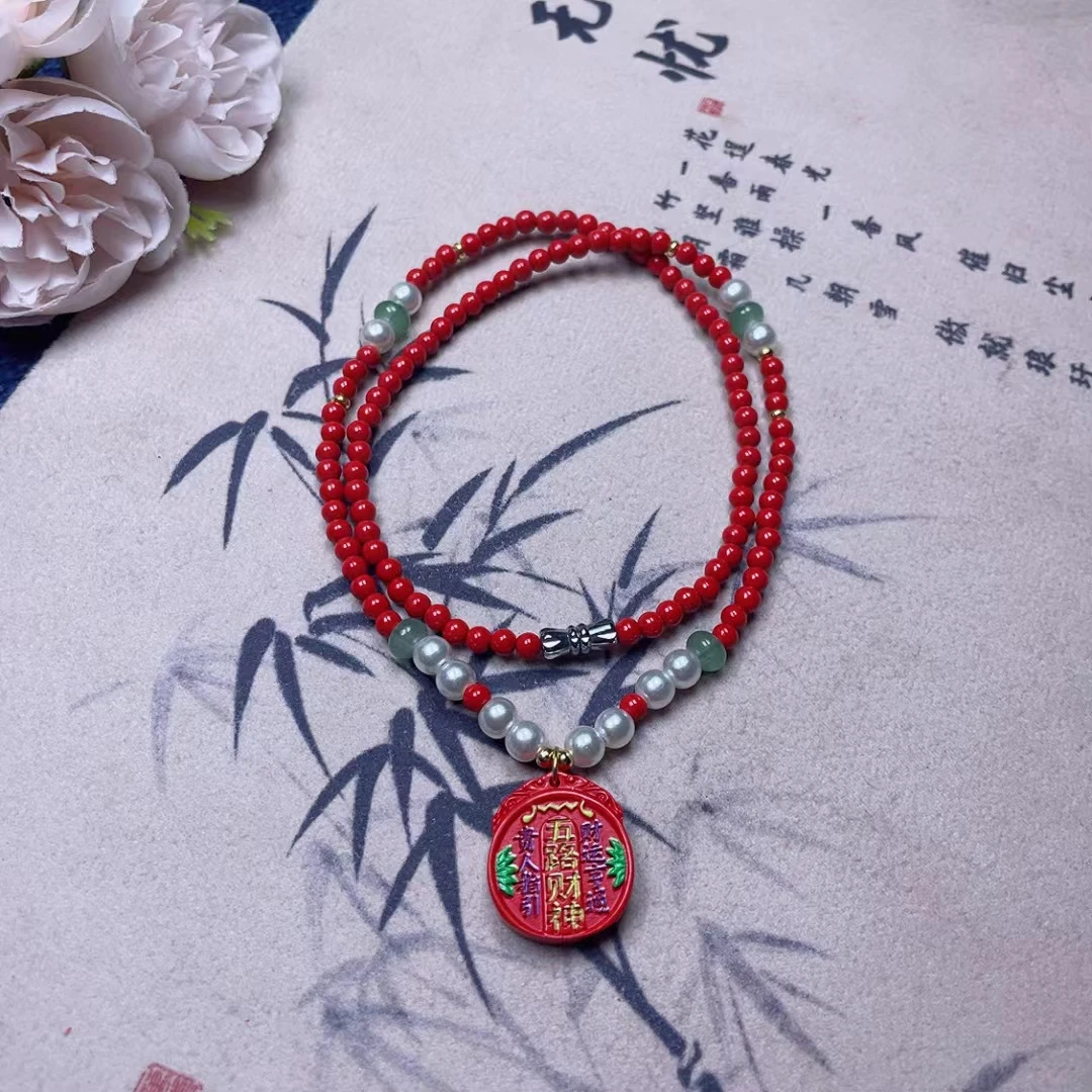 含辰砂工艺品红砂五路财神妈妈链项链085
