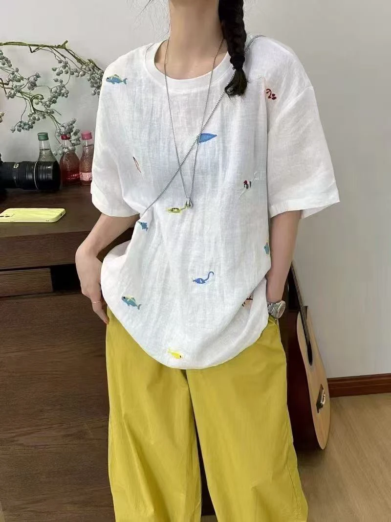 欧货刺绣白色天然亚麻t恤女短袖2025宽松套头圆领棉麻上衣夏