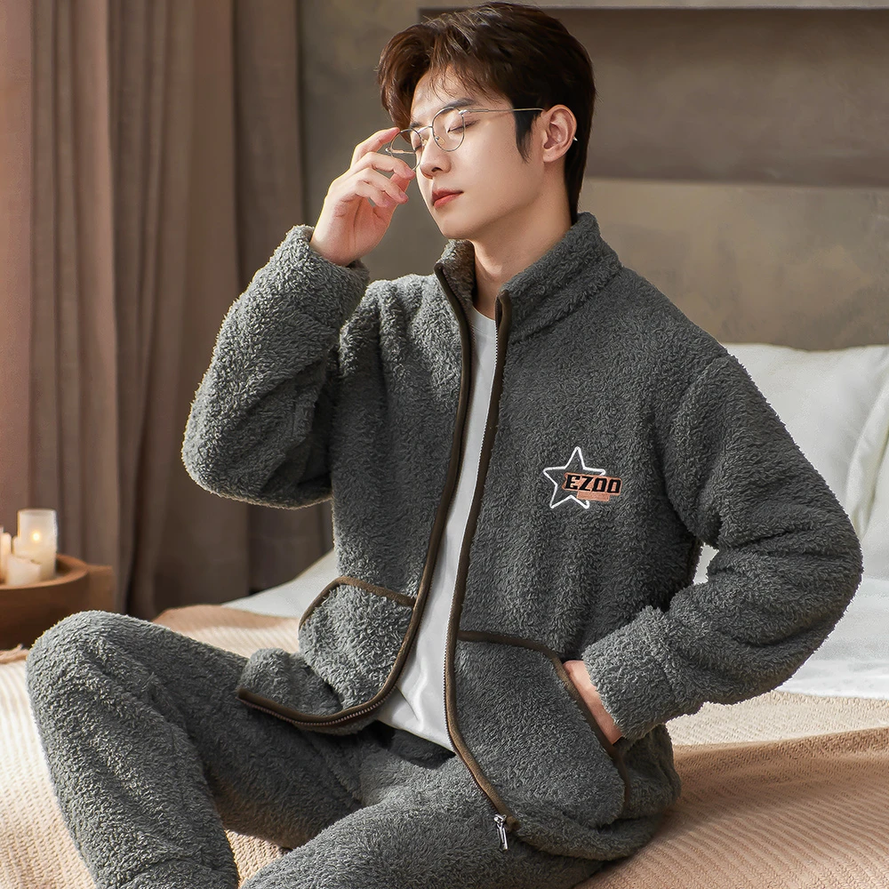 睡衣男秋冬加厚加绒法兰绒套装珊瑚绒家居服开衫拉链大码保暖冬装