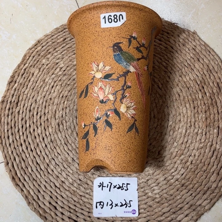 紫砂花盆  柴烧玉兰彩绘高直筒1680