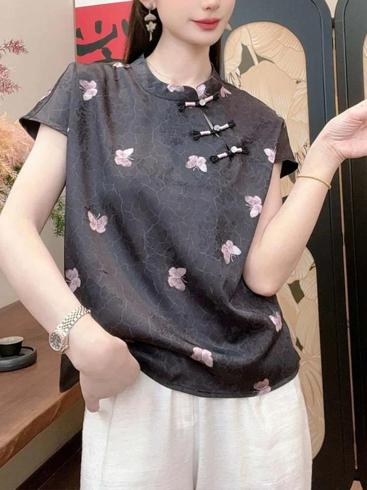 复古盘扣蝴蝶印花短袖女士气质减龄显瘦小衫上衣文艺中式夏季