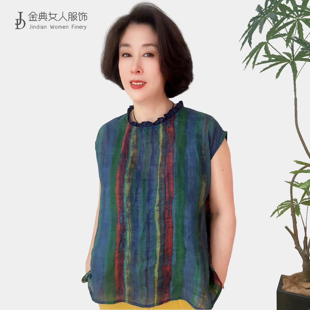 【金典女人服饰】艺术感撞色条纹无袖上衣 苎麻小飞袖夏季小衫5816