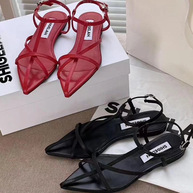 诗歌兰女鞋2025夏款正品平底编织镂空休闲百搭一字带凉鞋时装凉鞋