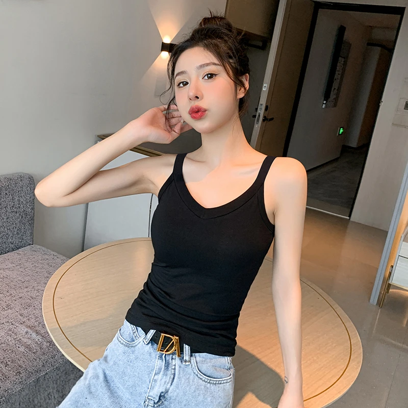 黑色v领吊带背心女夏内搭外穿棉新款修身设计感洋气打底无袖t恤