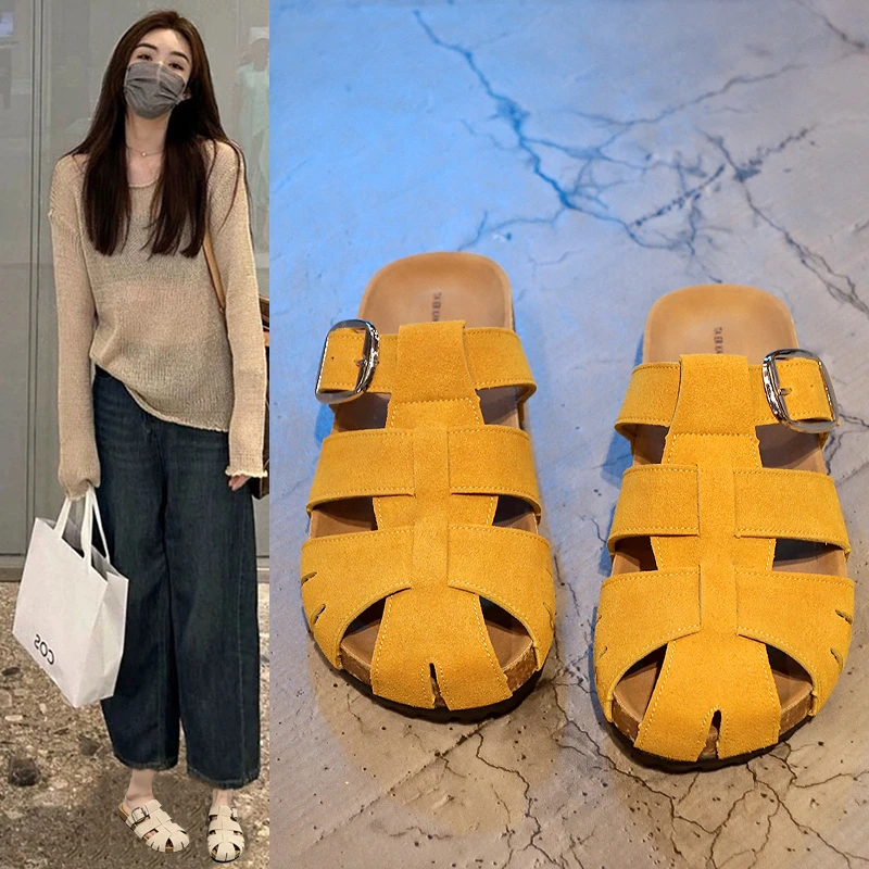 爆款复古勃肯包头拖鞋女夏季外穿2025新款镂空一脚蹬懒人罗马凉拖