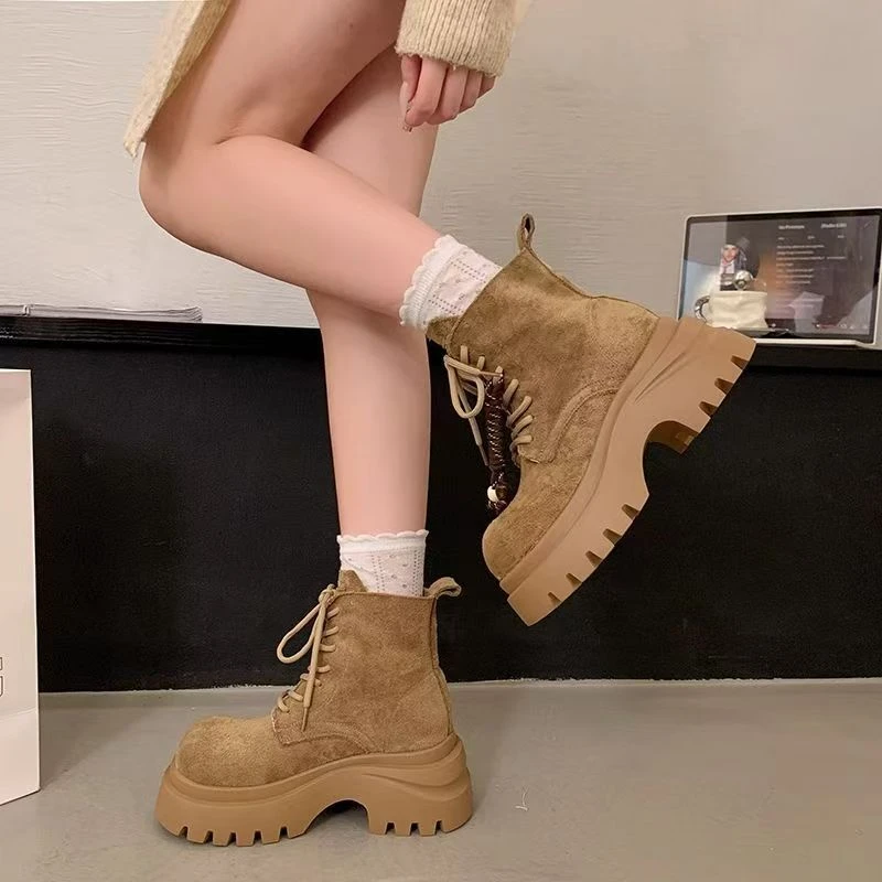 复古厚底磨砂增高马丁靴女2025新款小个子机车大头新中式大黄靴子