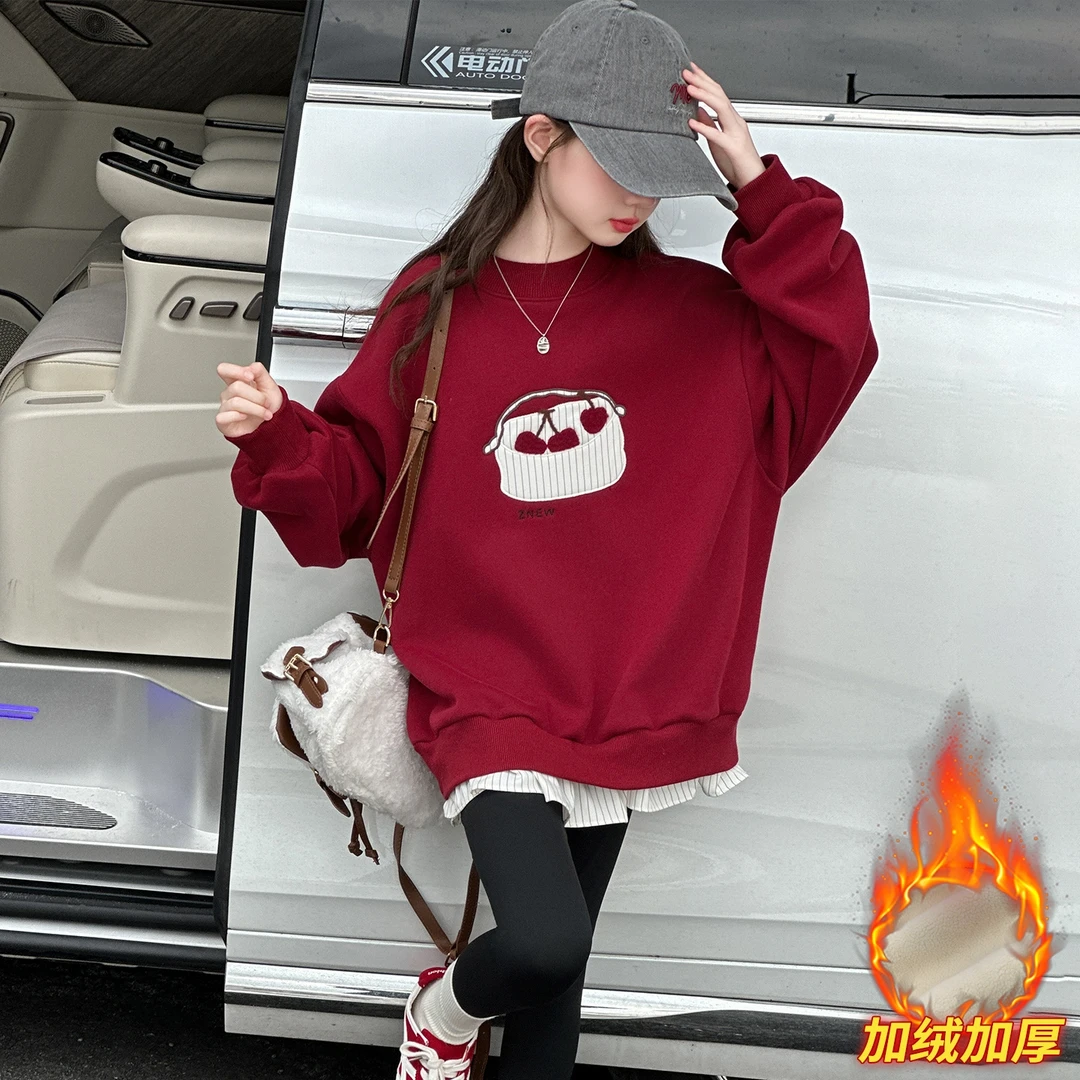 女童加绒卫衣秋冬2025新款中大童洋气时髦宽松儿童一体绒加厚上衣