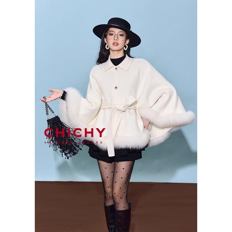 CHICHY【100%绵羊毛】白色高级宽松双面毛呢大衣女秋季款斗篷外套