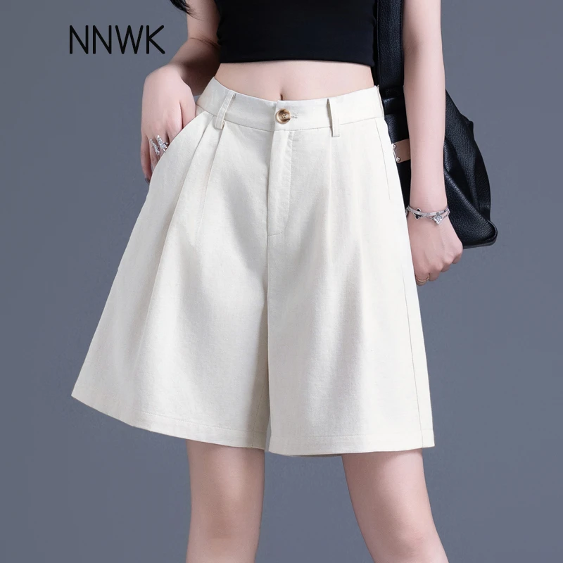 麻本色棉麻短裤女夏季薄款宽松阔腿五分裤小个子西装休闲中裤外穿