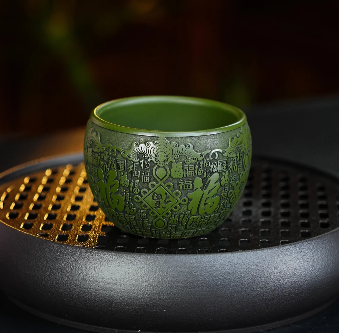066宜兴原矿紫砂陶瓷主人杯茶具绿泥手工刻绘百福图品茗茶杯喝茶