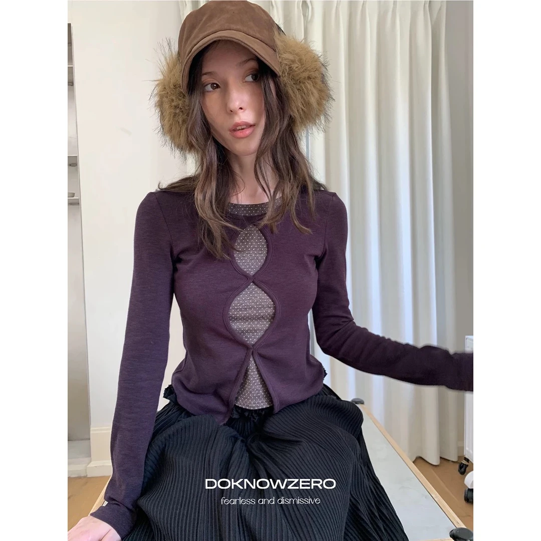 （运补6米） 假两件镂空波点长袖t恤女秋季新款修身针织上衣