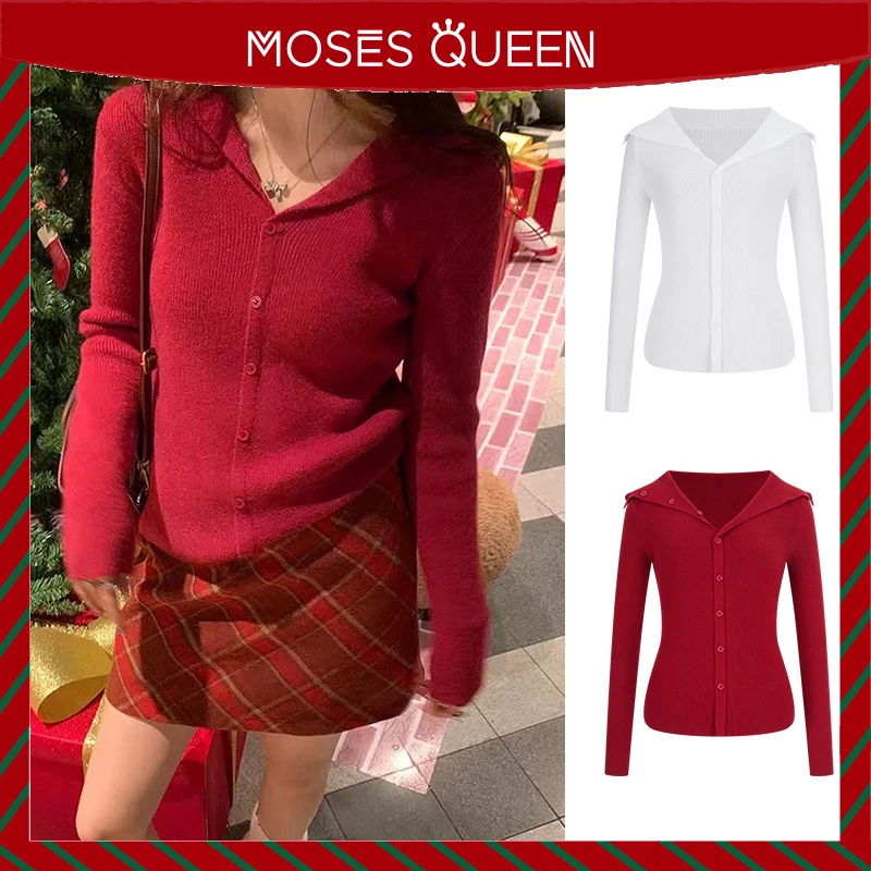 Moses Queen/魔西女王纯欲辣妹气质翻领针织开衫正肩修身红色毛衣