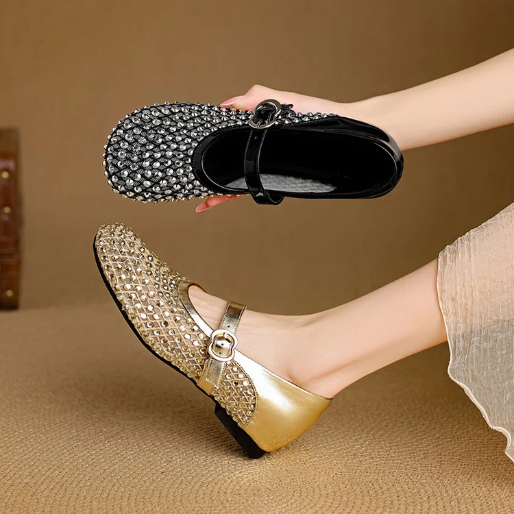 4cm春夏款凉鞋编织镂空水钻金色真皮单鞋女软底复古内增高奶奶鞋