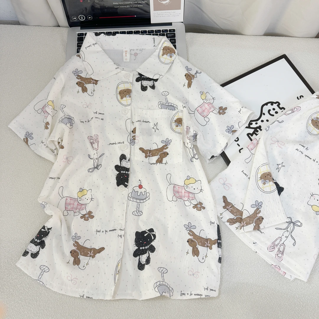 夏季日系ins风睡衣女薄款可爱小猫短袖短裤长裤三件套学生家居服