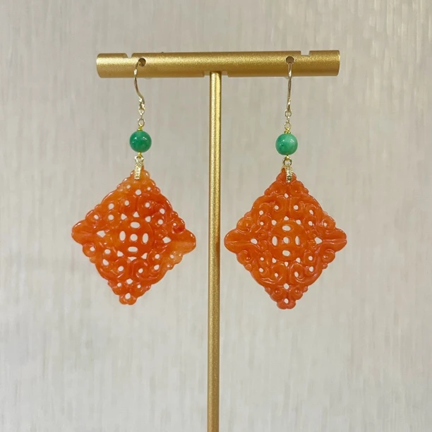 复古特色翡翠 国风镂空双面雕刻 方牌耳坠