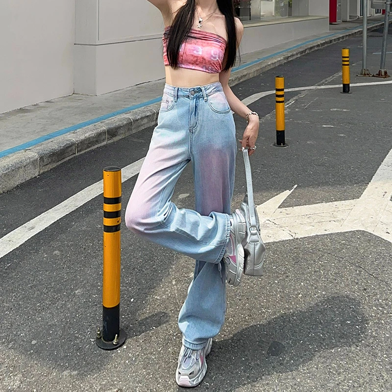 300斤大码胖MM渐变腮红阔腿牛仔裤女高个子垂感宽松显瘦直筒长裤