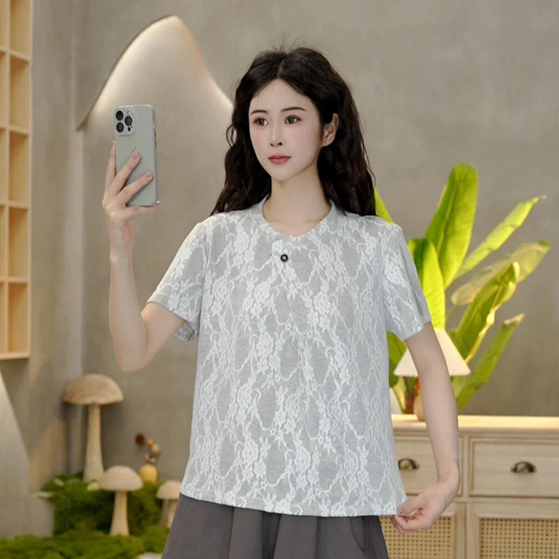 8927 夏季蕾丝拼接纽扣装饰短袖T恤宽松显瘦百搭上衣