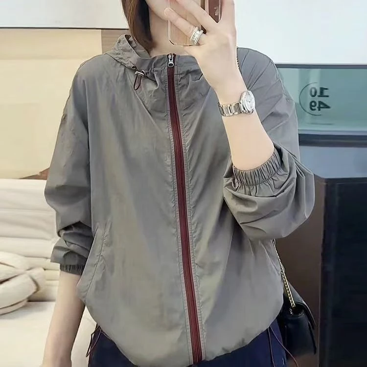 连帽水洗女夏季防晒拉链短外套韩版长袖外套开衫宽松