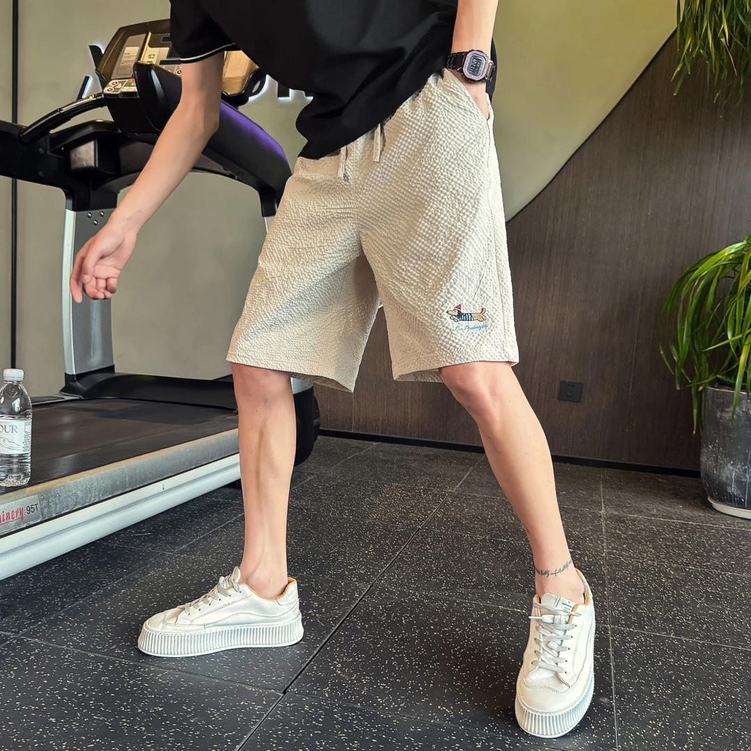 男士夏季薄款短裤泡泡纱刺绣腊肠狗休闲五分沙滩裤男装中裤子外穿