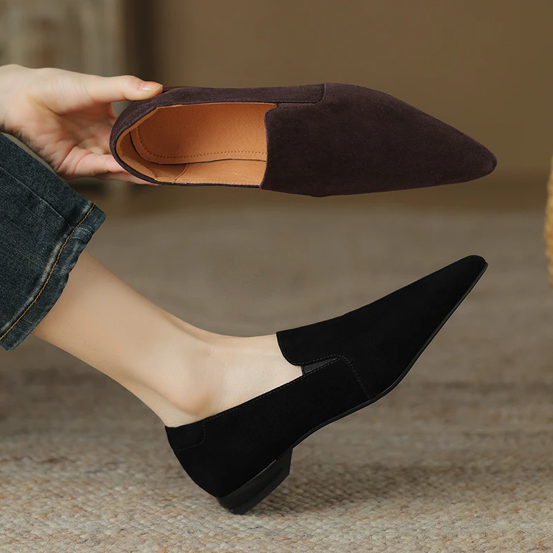 2CM，羊皮新款单鞋粗跟低跟尖头纯色英伦风浅口豆豆浅口低跟小羊皮
