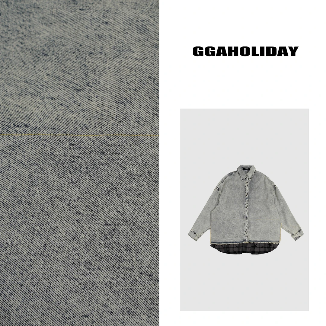 GGAHOLIDAY时尚百搭复古宽松休闲潮流拼接水洗牛仔衬衫-152041