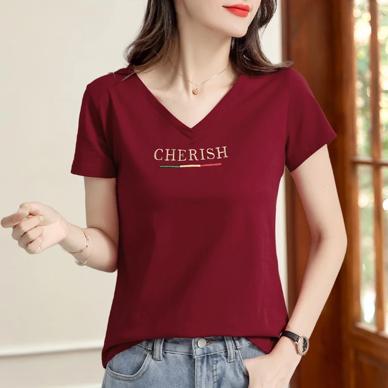 精梳棉加棉线刺绣T恤正肩小宽松版型显瘦遮肉纯色亲肤休闲气质款