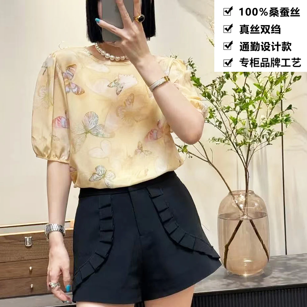 100桑蚕丝真丝双绉细带彩蝶印花圆领桑蚕丝T恤女上衣ZKD65
