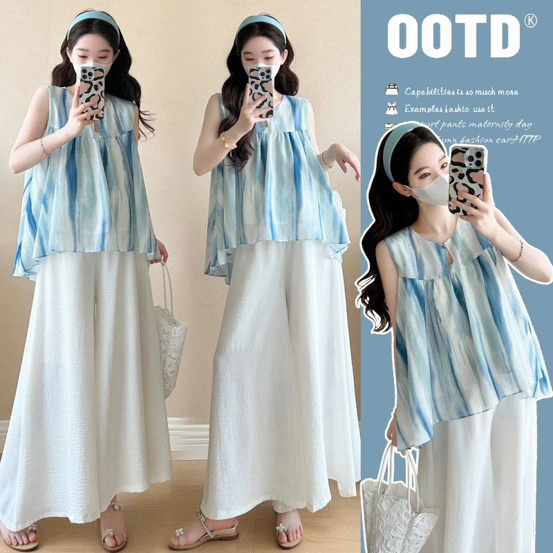 孕妇穿搭蓝色无袖娃娃衫2025夏季新款女外穿背心吊带上衣裤裙套装