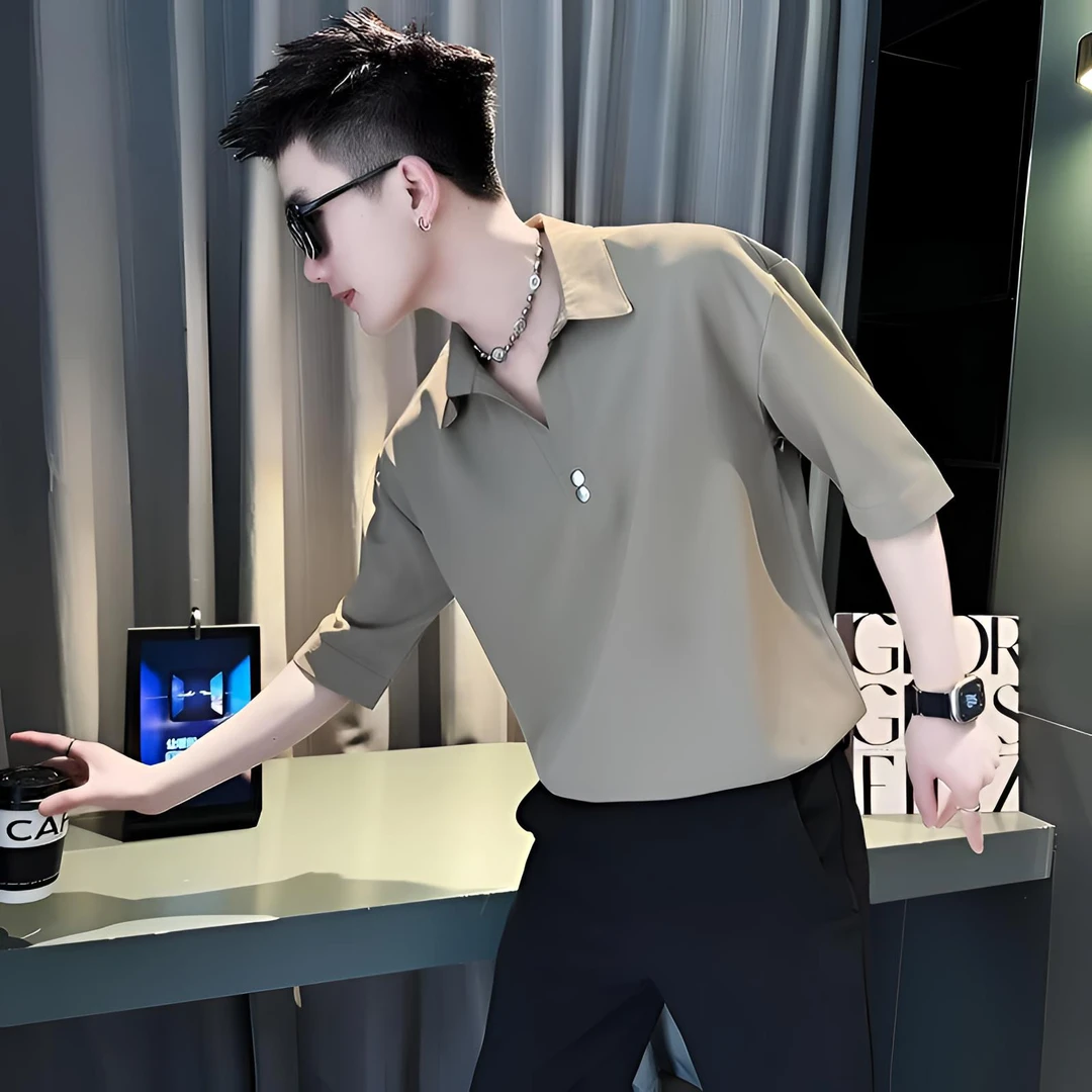 痞帅衬衫POLO衫男士短袖夏季冰丝男装2025新款夏装衣服男款V领T恤