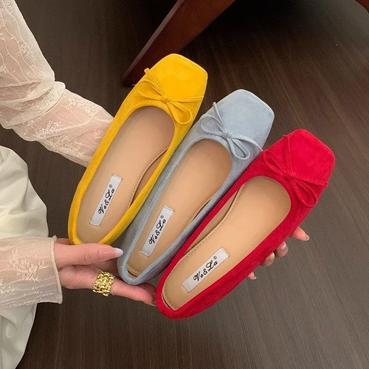 内增高法式绒面红色单鞋女鞋子2025新款春夏季蝴蝶结芭蕾舞晚晚鞋