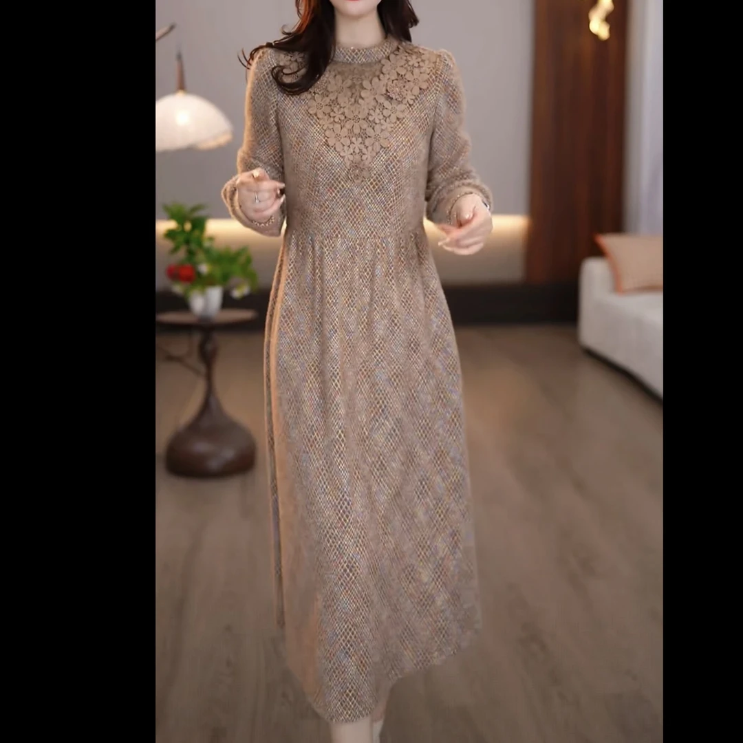 【连衣裙】2025冬款精致浮花设计显瘦高贵优雅名媛轻奢中长款连衣裙