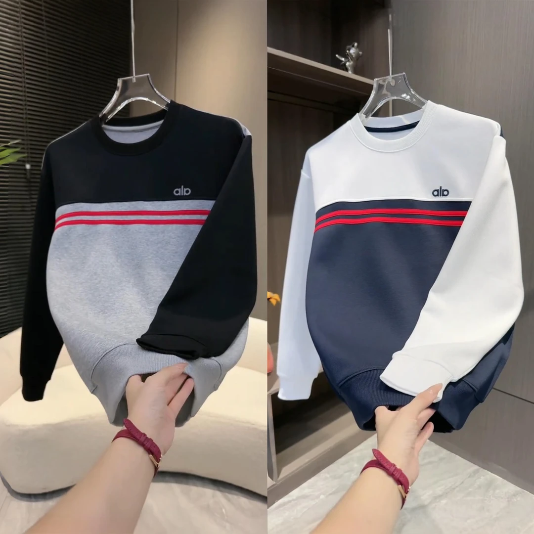 秋季新品男士条纹拼色圆领套头卫衣高档简约宽松百搭休闲长袖上衣