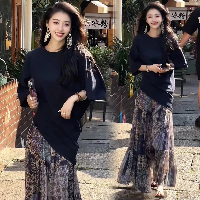 时尚套装裙女2025夏装新款宽松显瘦短袖T恤碎花半身裙洋气两件套