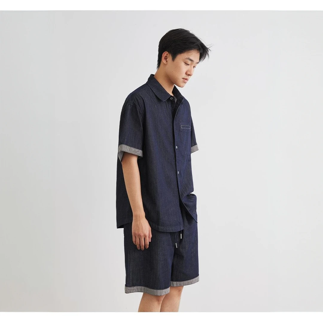 亦止男装牛仔套装短袖衬衫男士新款夏季休闲衬衣牛仔短裤两件套装