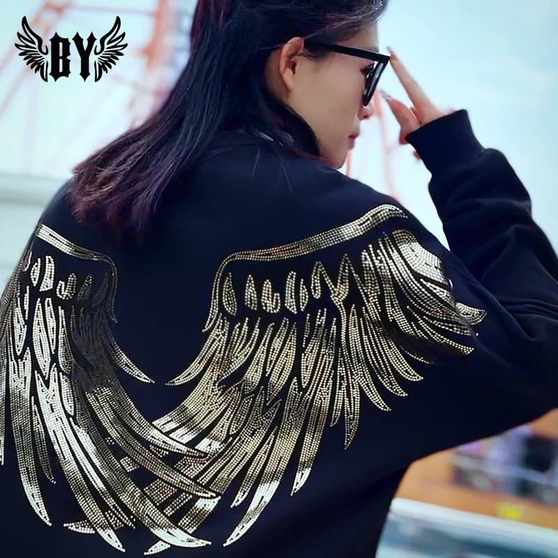 BY潮牌闪耀烫金翅膀连帽卫衣/男女同款百搭时尚加绒宽松潮流上衣
