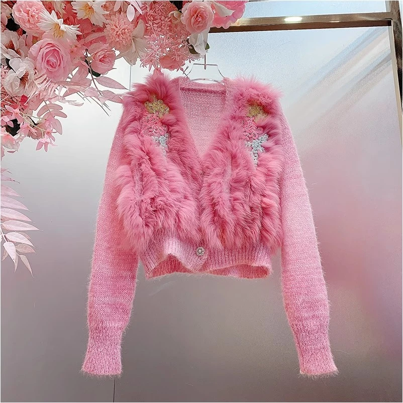 A431欧美设计师2024秋冬季新款钉珠刺绣立体小花朵开衫女