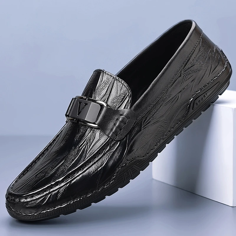 2025新款头层牛皮夏季时尚百搭软底软面透气真皮男士豆豆鞋驾车鞋