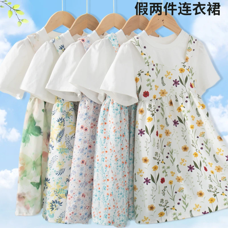 新款女童连衣裙夏季薄款儿童假两件裙子小女孩夏装碎花裙公主裙