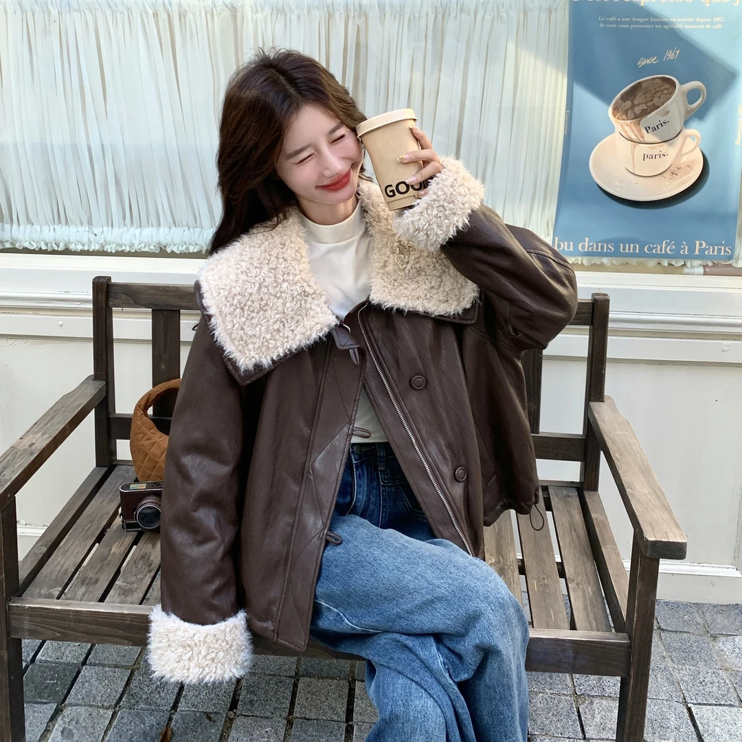 韩系咖色拼接衣外套女秋冬2025秋冬新款酷飒风加绒棉服加厚