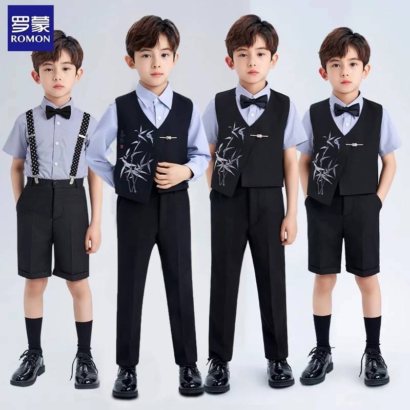 罗蒙儿童礼服套装国风夏季男童演出服花童主持演讲新中式礼服黑色