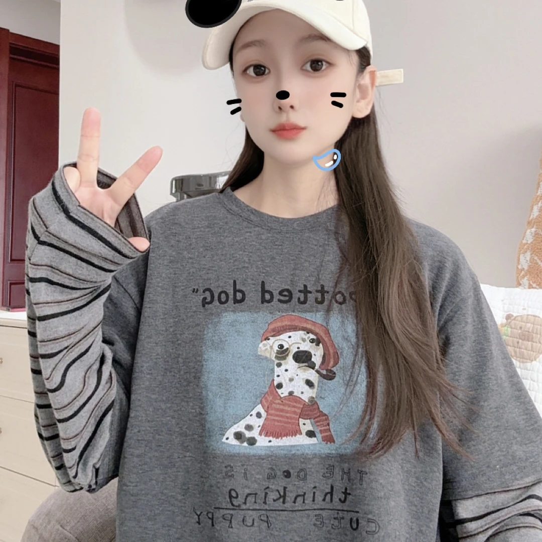 2025秋条纹袖子拼接假两件小狗印花叠穿长袖T恤女宽松打底衫上衣